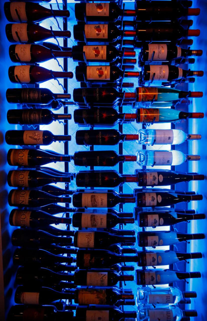 The wine rack at Lovers Seafood and Market in Dallas.