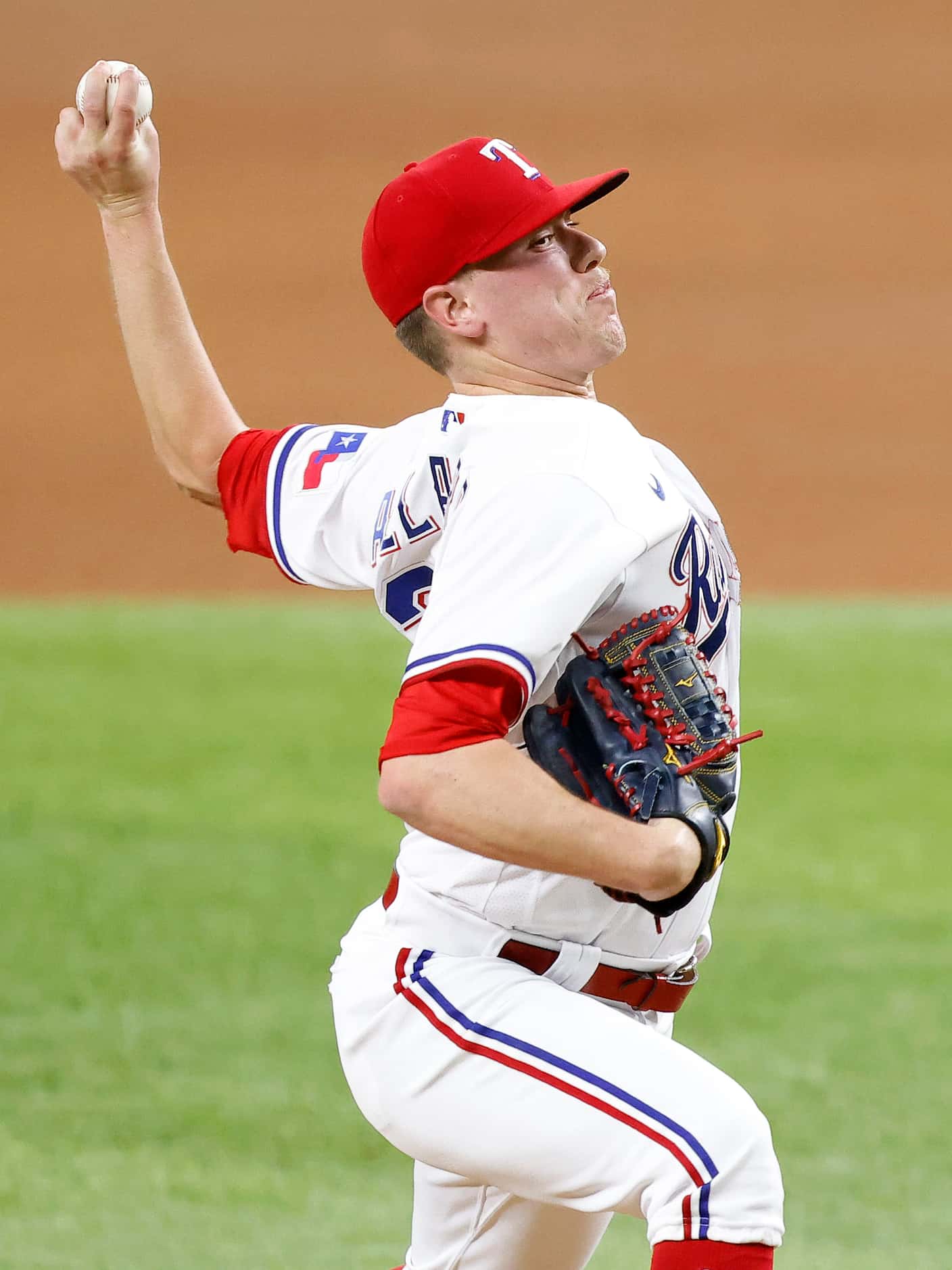 Texas Rangers relief pitcher Kolby Allard (39) throws against the Los Angeles Angels during...