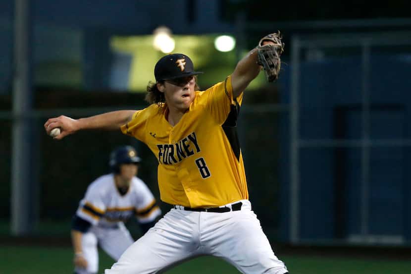 Forney pitcher Mason Englert (8) throws the ball against Highland Park in the second inning...