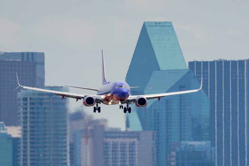 A Southwest Airlines 737 lands at Dallas Love Field in April.