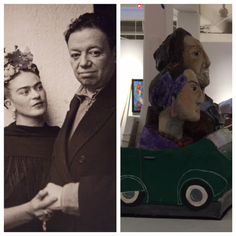 A la izquierda, una fotografía de Frida Kahlo con Diego Rivera. A la derecha, obra en papel...