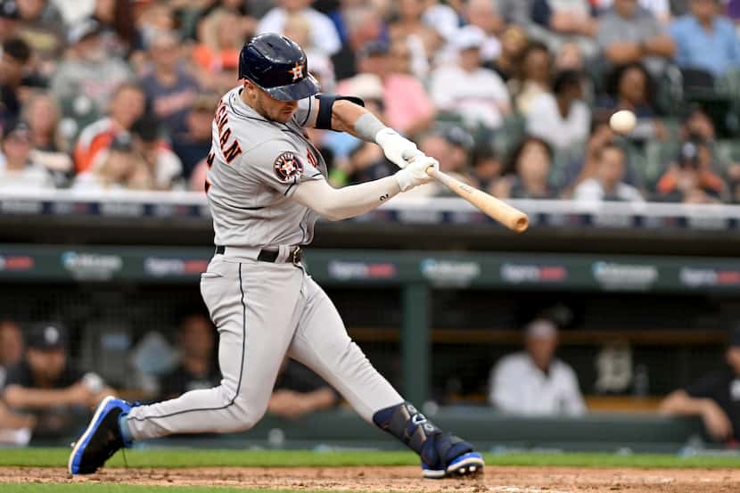Houston Astros third baseman Alex Bregman (2) hits a two-run home run against the Detroit...