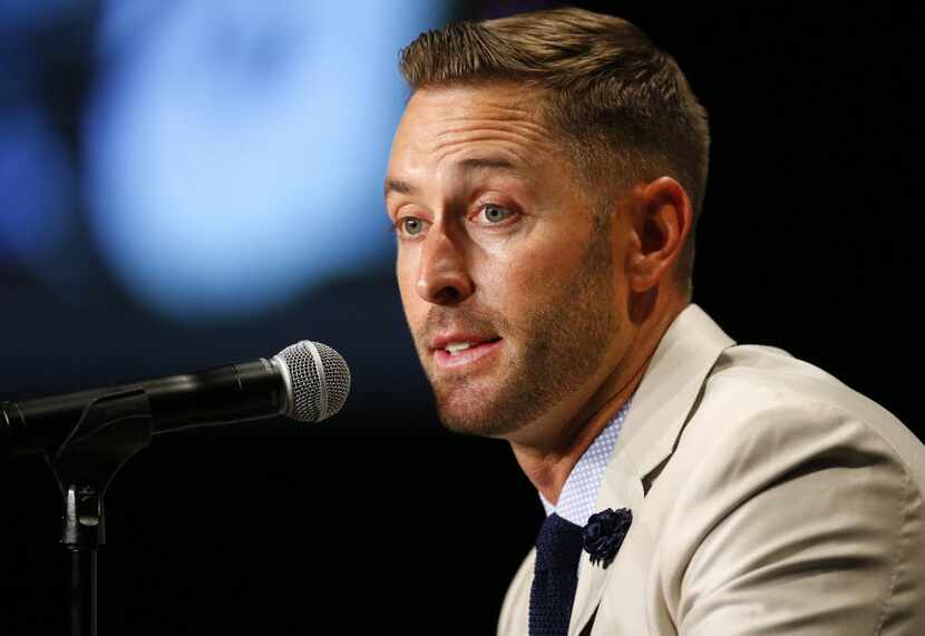 Texas Tech head football coach Cliff Kingsbury responds to questions from the media during...