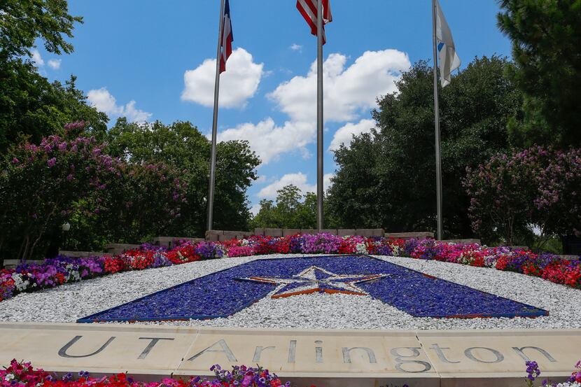 Flag pole and logo on the south end of the UT-Arlington campus.