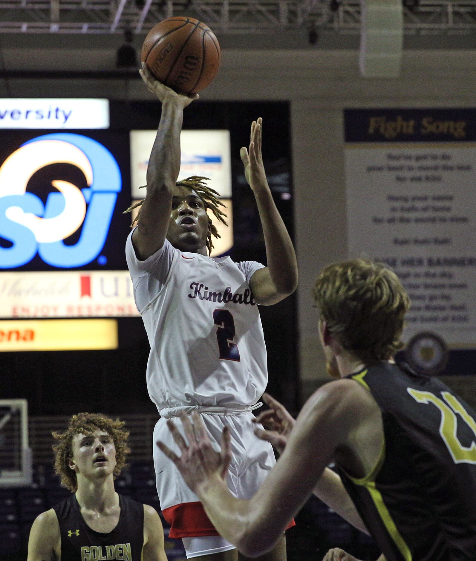 Arterio Morris (2) puts up a shot for Kimball during the UIL 5A state semifinal game against...
