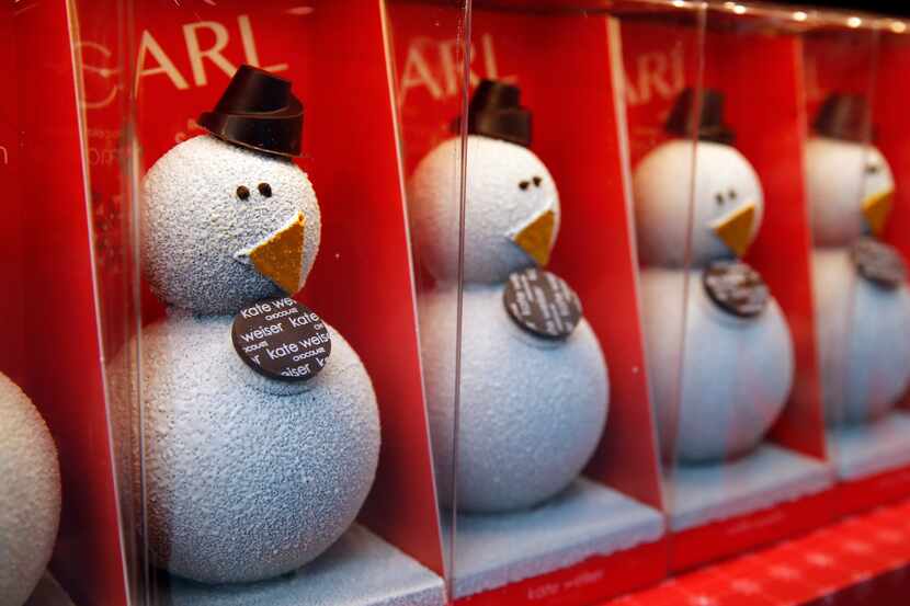 Carl the Drinking Chocolate Snowman for sale from Kate Weiser Chocolate at Stonebriar Centre...