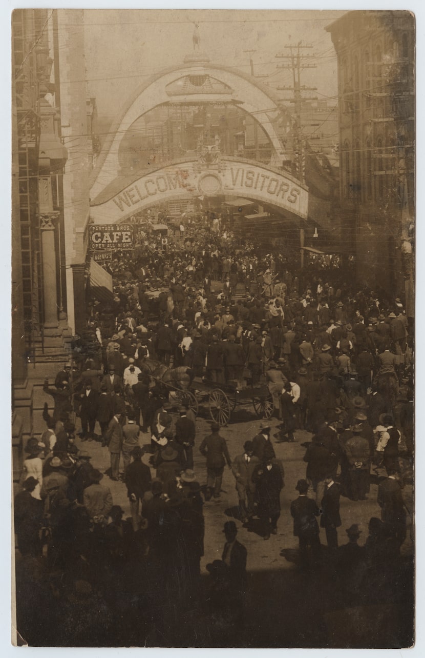 A photo taken at the Elks Arch, then located at Akard and Main streets in downtown Dallas,...