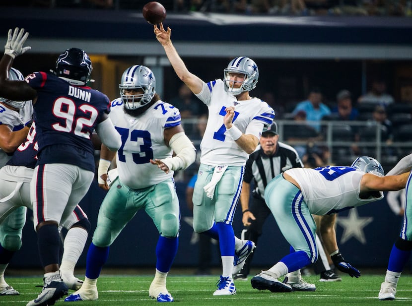 Dallas Cowboys quarterback Cooper Rush (7) throws a pass during the second quarter of an NFL...