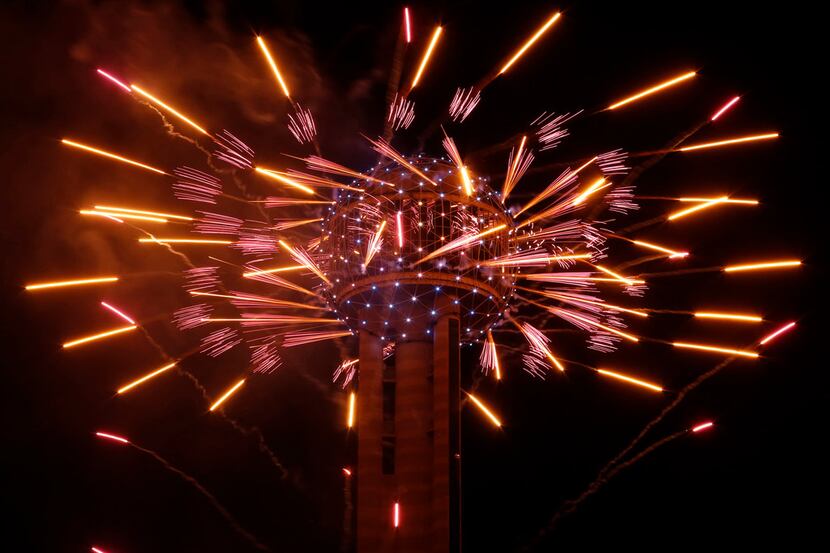 Fireworks fly from Reunion Tower during the New Year's Eve event in Dallas on Dec. 31.