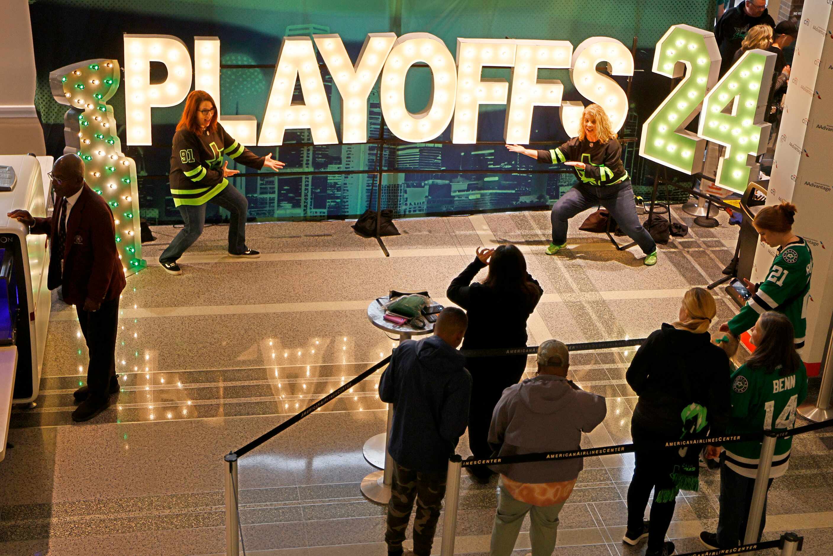 Fans pose for a photo before Game 2 of an NHL hockey Stanley Cup second-round playoff series...