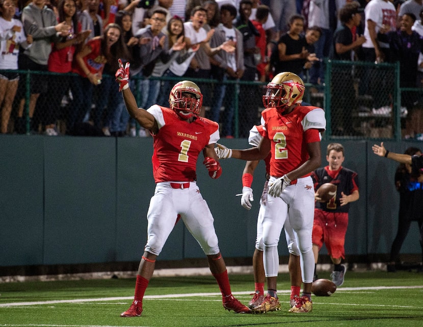 South Grand Prairie senior running back Jeffrey Okudah (1) celebrates a long run against...