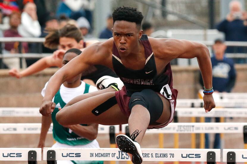 Jacob Talley, 17, of Frisco Heritage High School, won his heat in the 110 meter hurdles...