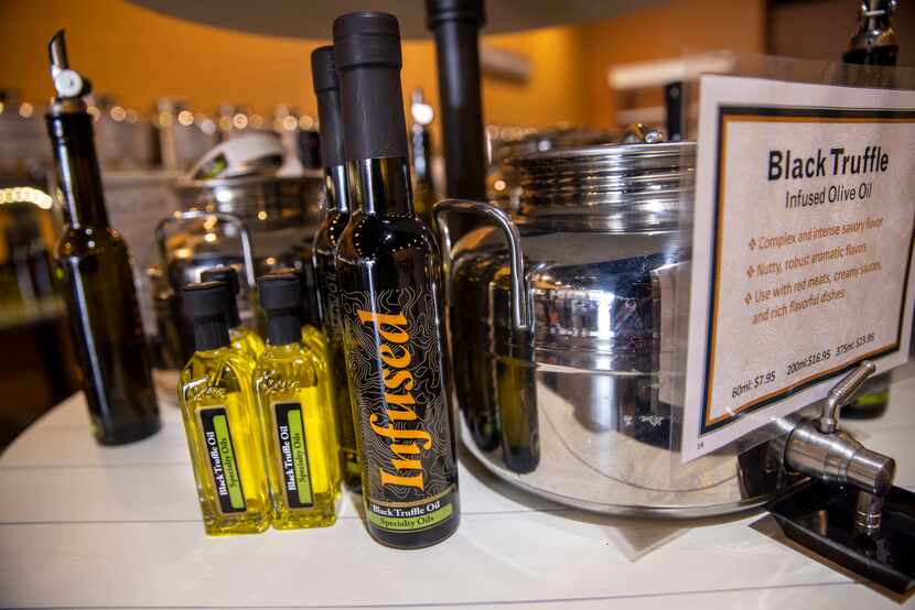A display of infused truffle oil at Infused Oils and Vinegars in Dallas.