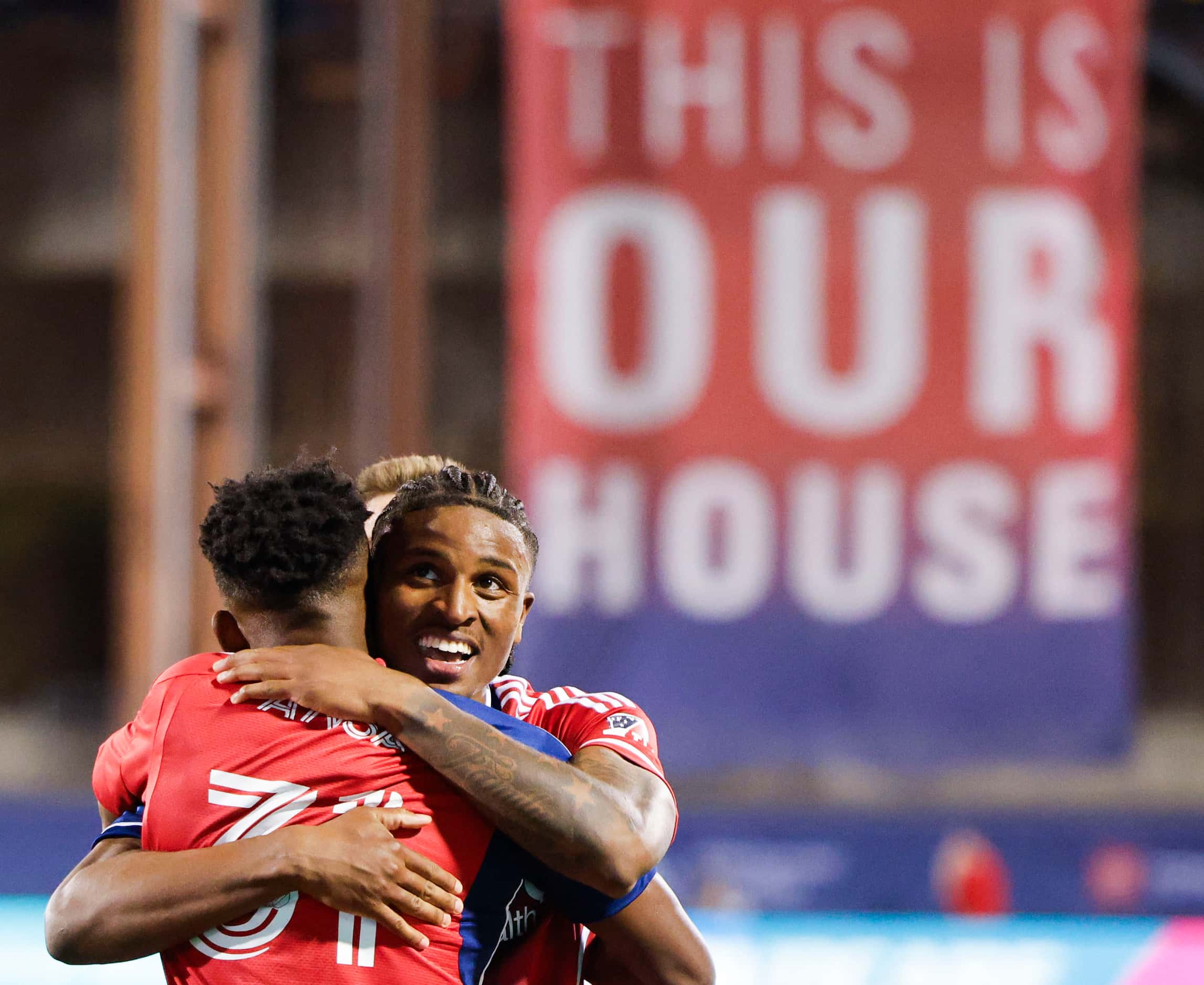 FC Dallas forward Dante Sealy (center) celebrates with this teammates after scoring a goal...