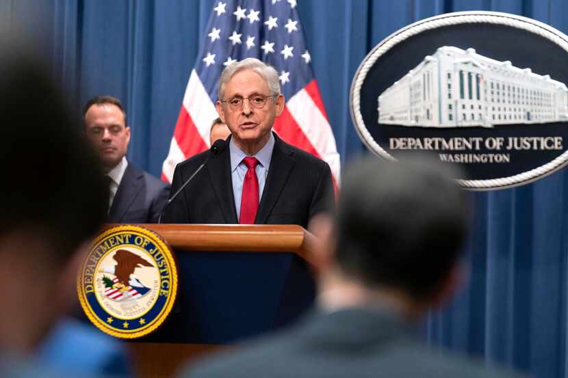 Attorney General Merrick Garland speaks during a news conference at Department of Justice...