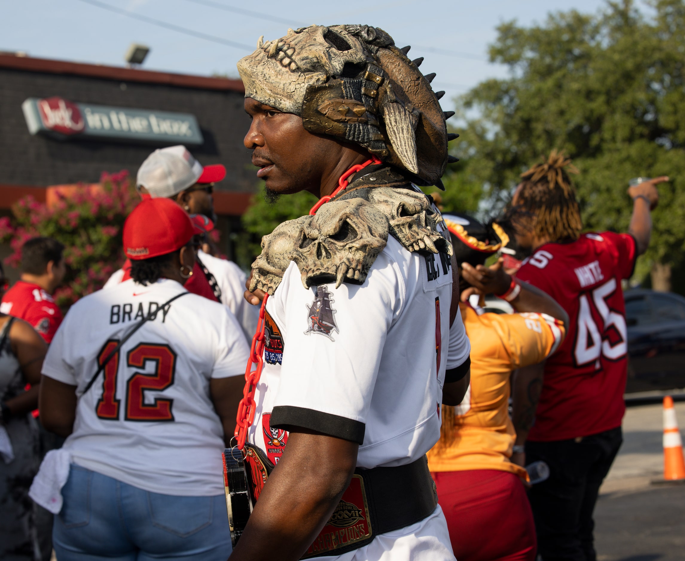 Jerome “Boogeyman” Davis of Atlanta wears his costume during a tailgate before the start of...