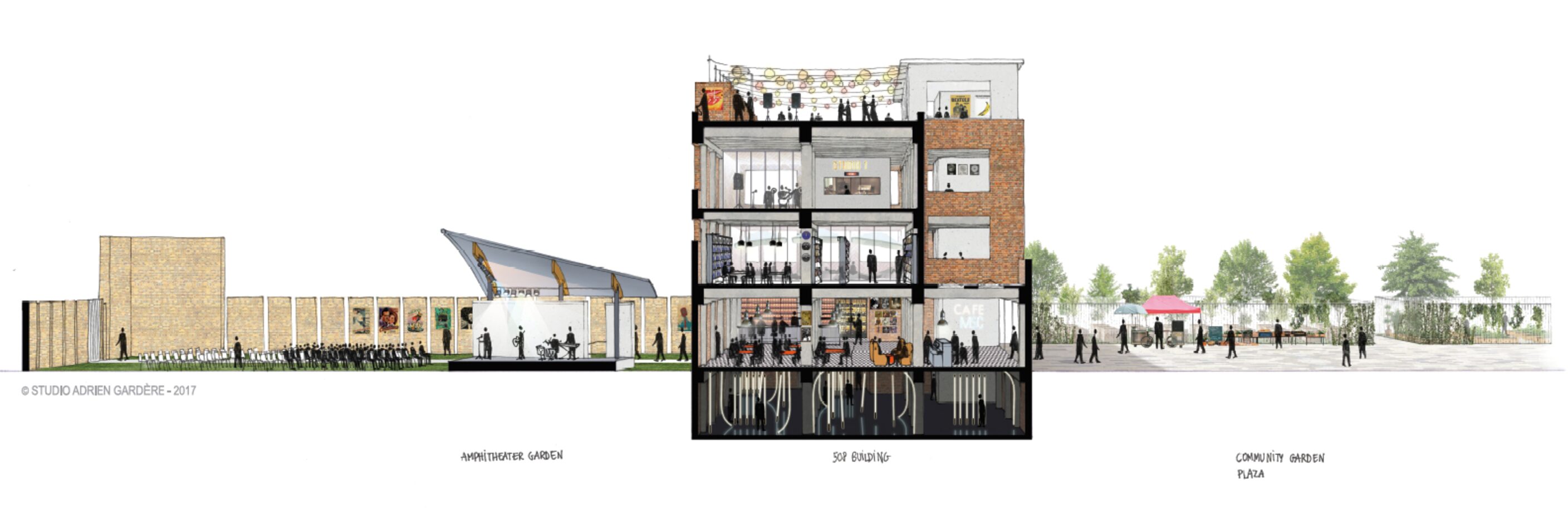 A cutaway of 508 Park Ave. and the amphitheater attached to the building, as well as the...