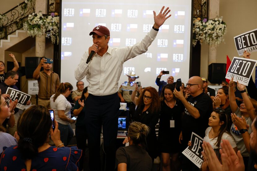 Democratic gubernatorial candidate Beto O'Rourke addresses the crowd at a post-debate watch...