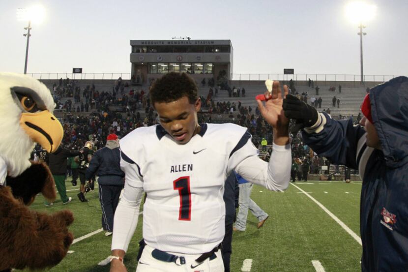 Allen Eagles quarterback Kyler Murray (1) is congratulated following a 42-35 win against the...