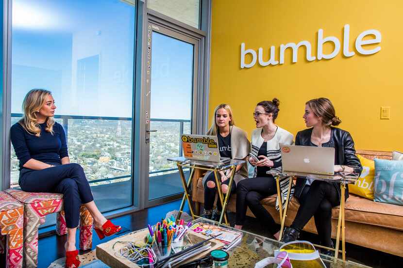 Whitney Wolfe Herd meets with staffers at the offices of Bumble in Austin in 2017.