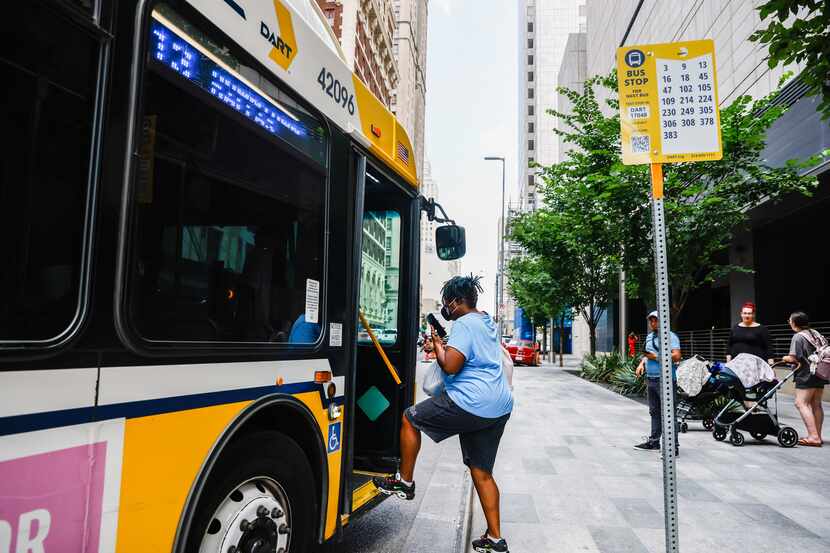 Bus 13 at a stop on Commerce Street in Dallas on Thursday, June 23. 2022.