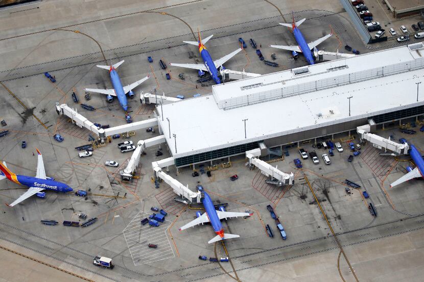 Southwest Airlines airplanes at their respective gates at Dallas Love Field Airport in...
