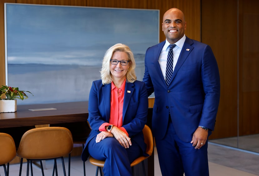 Former U.S. Rep. Liz Cheney, R-Wyoming, left, endorsed U.S. Rep. Colin Allred, D-Dallas, in...