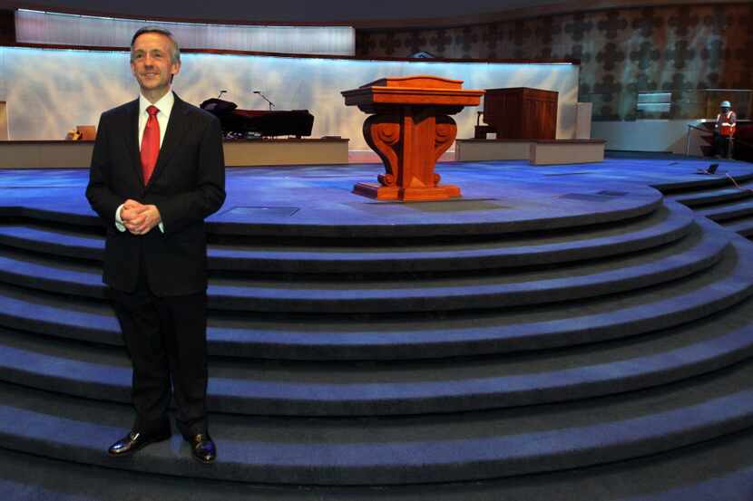 Pastor Robert Jeffress is pictured in the new sanctuary of the renovated First Baptist...