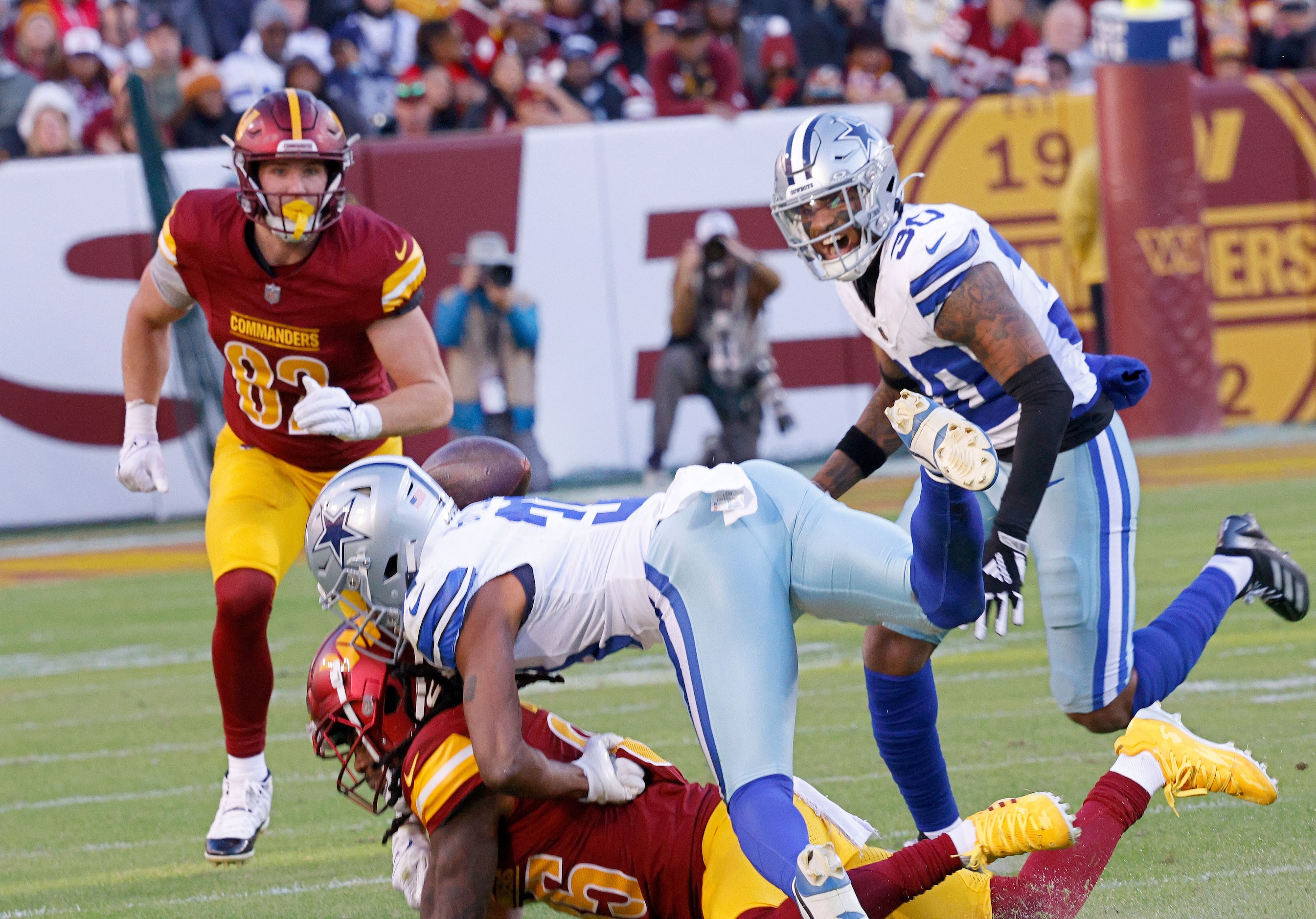 Washington Commanders wide receiver Noah Brown (85) fails to make the catch against Dallas...