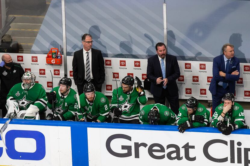 The Dallas Stars react to their loss against the Tampa Bay Lightning during Game Six of the...