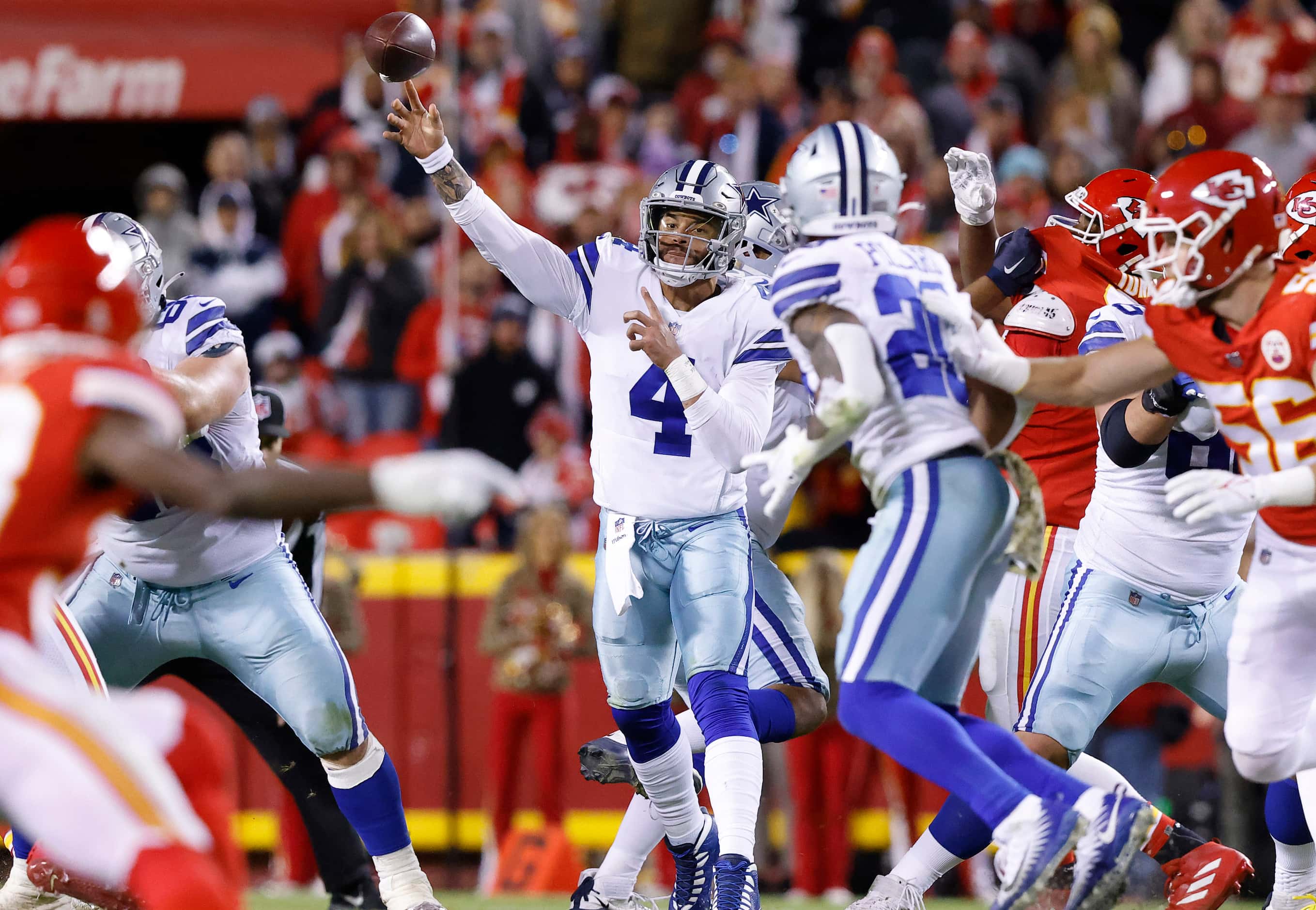 Dallas Cowboys quarterback Dak Prescott (4) throws a late fourth quarter pass against the...