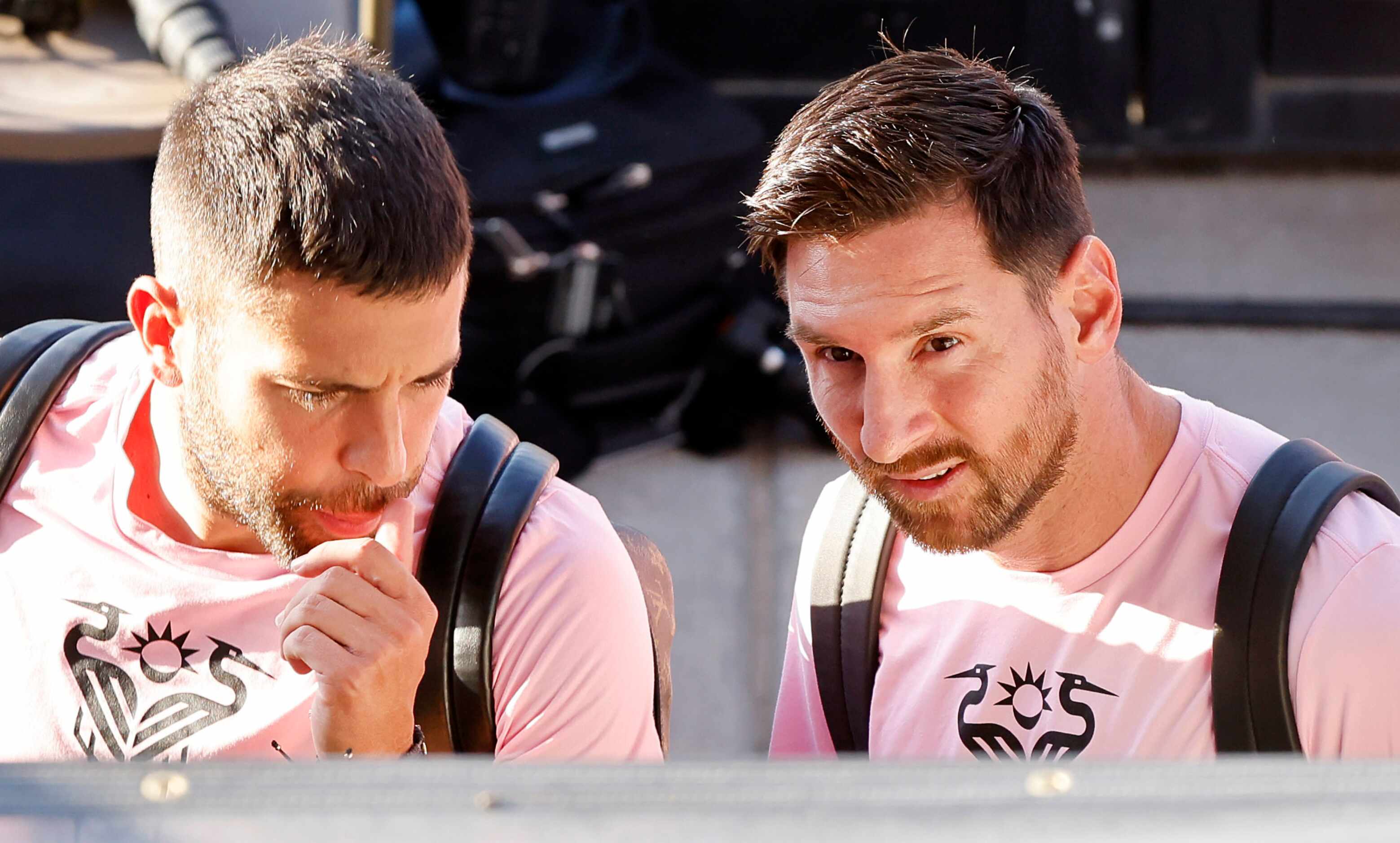 Inter Miami forward Lionel Messi (right) arrives with his teammates for a Leagues Cup Round...