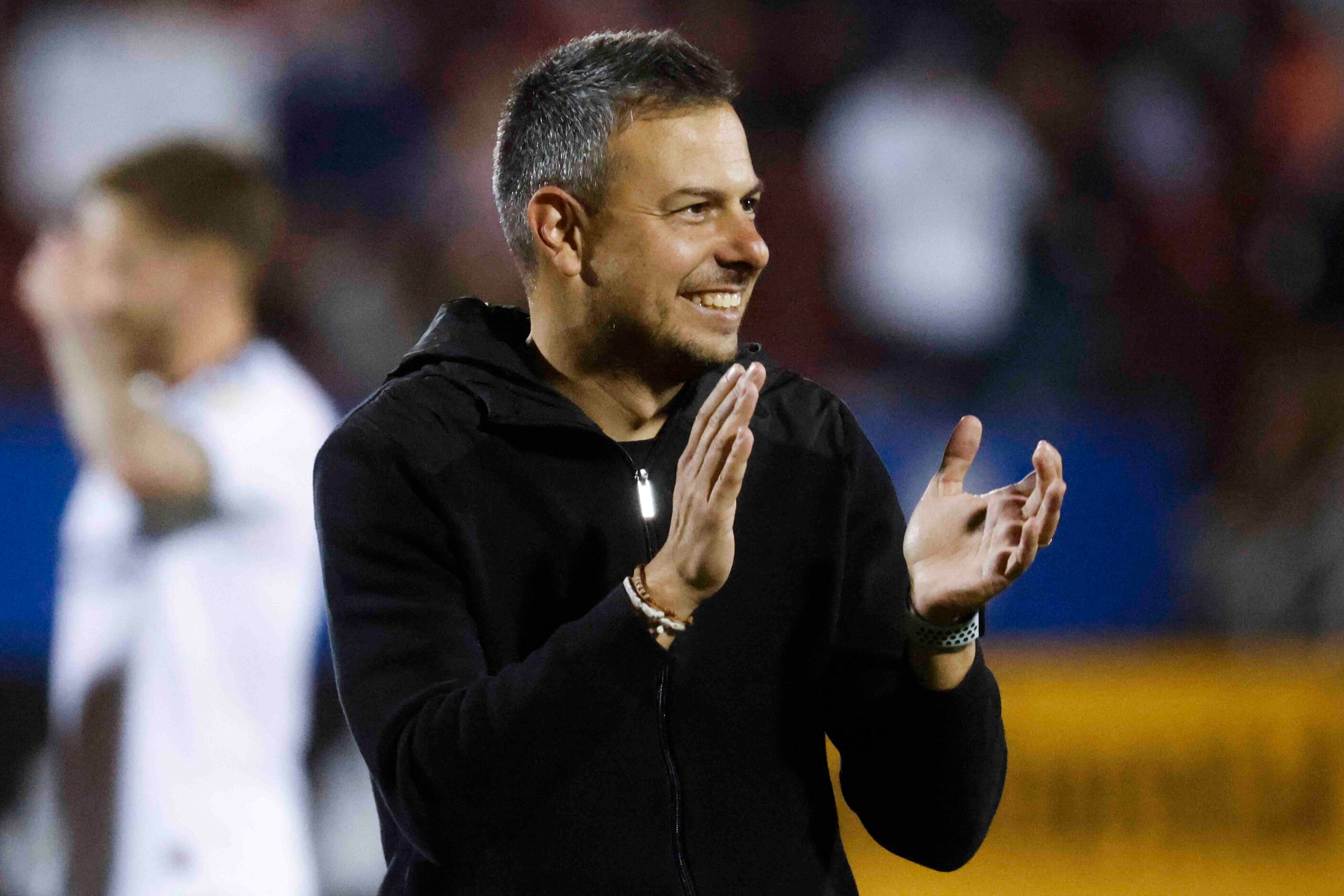 FC Dallas head coach Nico Estévez celebrates the win against LA Galaxy after an MLS soccer...