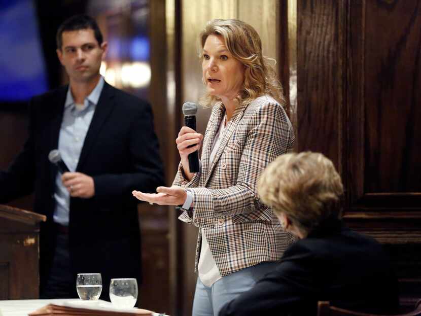 Dallas City Councilwoman Jennifer Staubach Gates (left) speaks during a debate hosted by...
