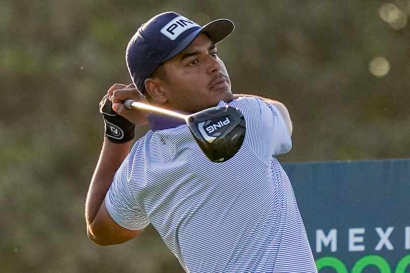 Sebastian Munoz, of Colombia, tees off on the 10th hole during the first round of the Mexico...