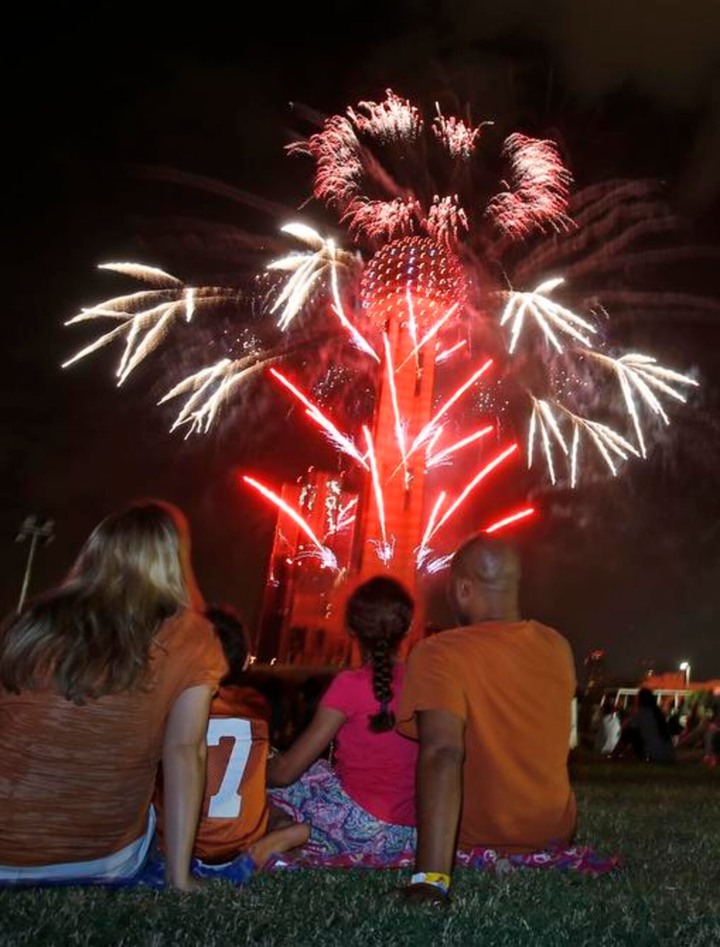 
Amanda, Brodie, Caitlyn and Eric Clemons of Austin sit mesmerized as Reunion Tower puts on...