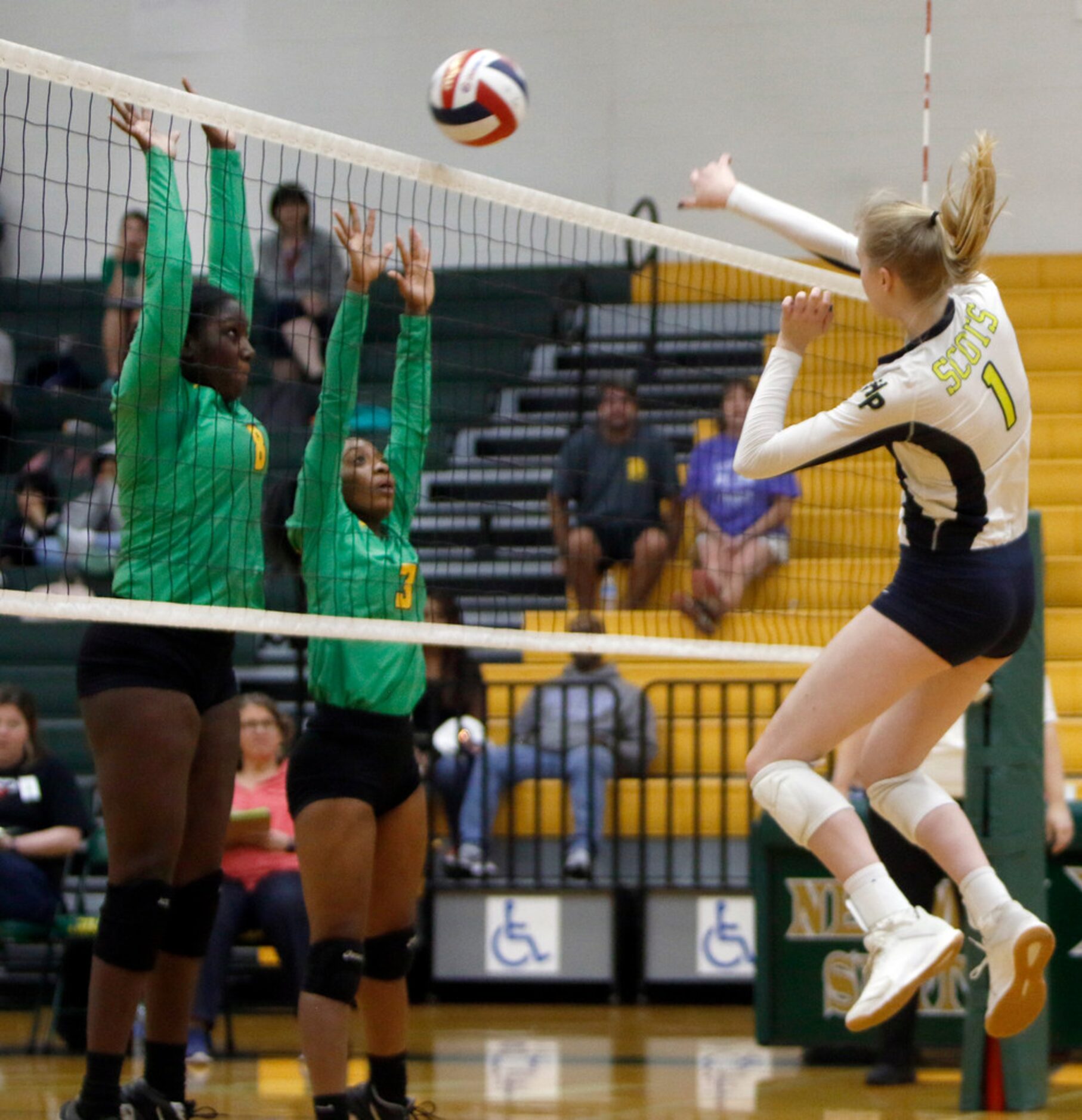 Highland Park's Avery Hellmuth (1) fires a winner past Carrollton Newman Smith defenders...