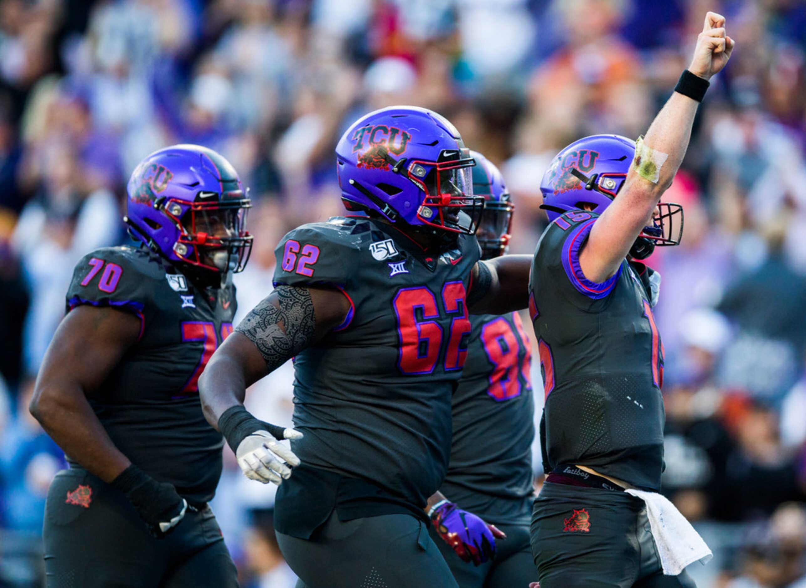 TCU Horned Frogs quarterback Max Duggan (15) celebrates after scoring a touchdown during the...