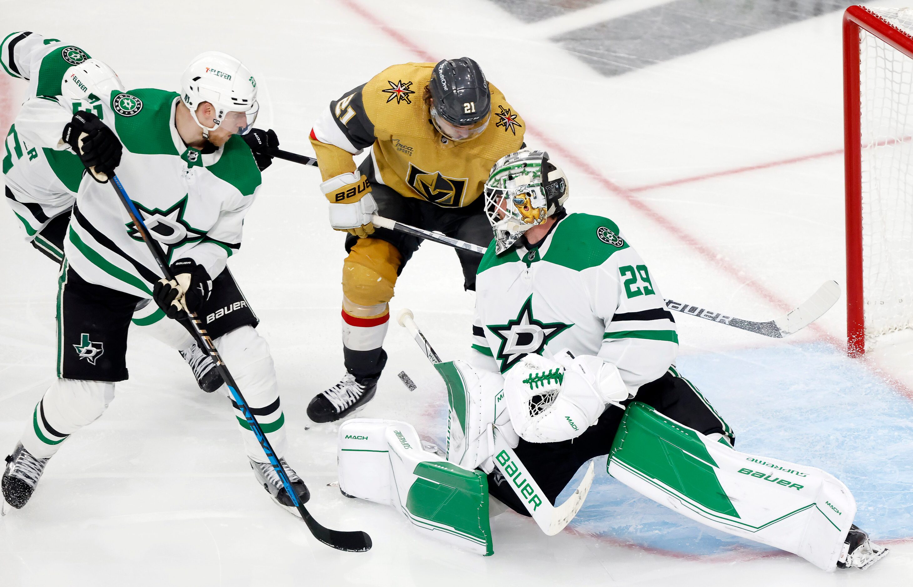 Dallas Stars goaltender Jake Oettinger (29) skates off the ice as Vegas Golden Knights Mark...