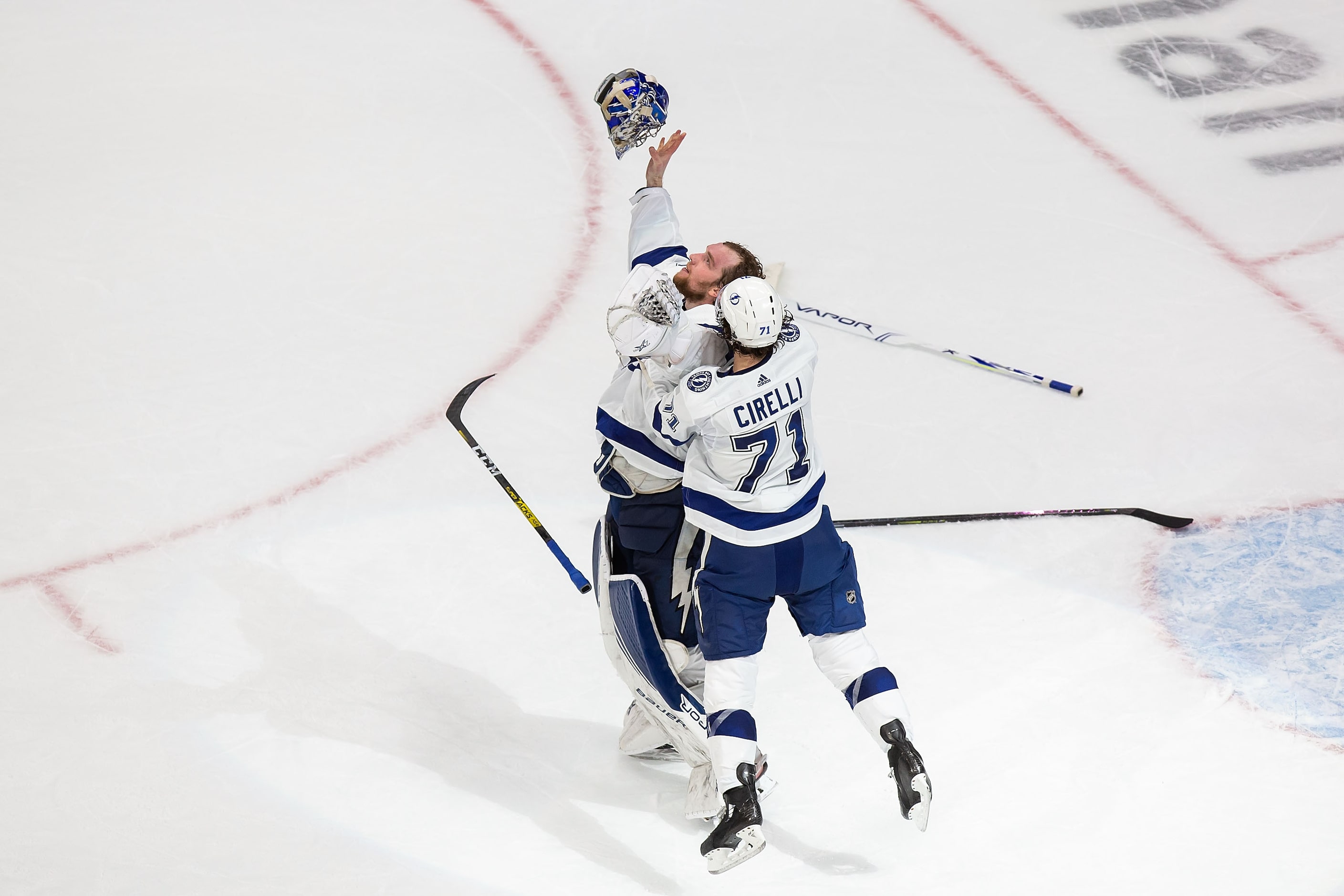 Goaltender Andrei Vasilevskiy (88) and Anthony Cirelli (71) of the Tampa Bay Lightning react...