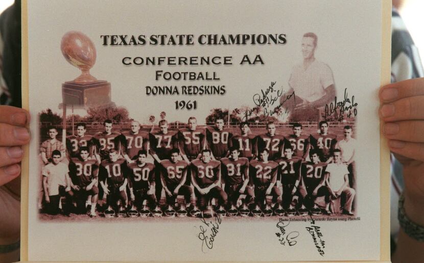 Texas State Champions Conference AA Football Donna Redskins 1961 team photo.