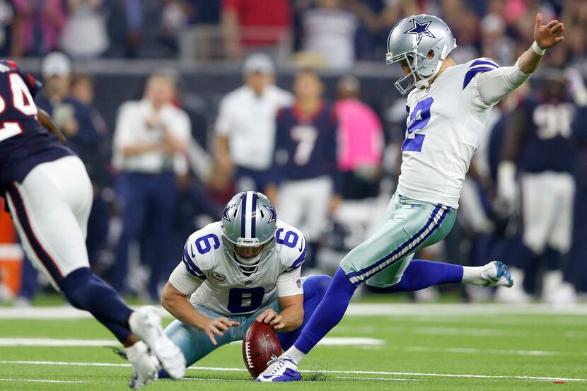 Dallas Cowboys kicker Brett Maher (2) kicks the second of his two first half field goal...