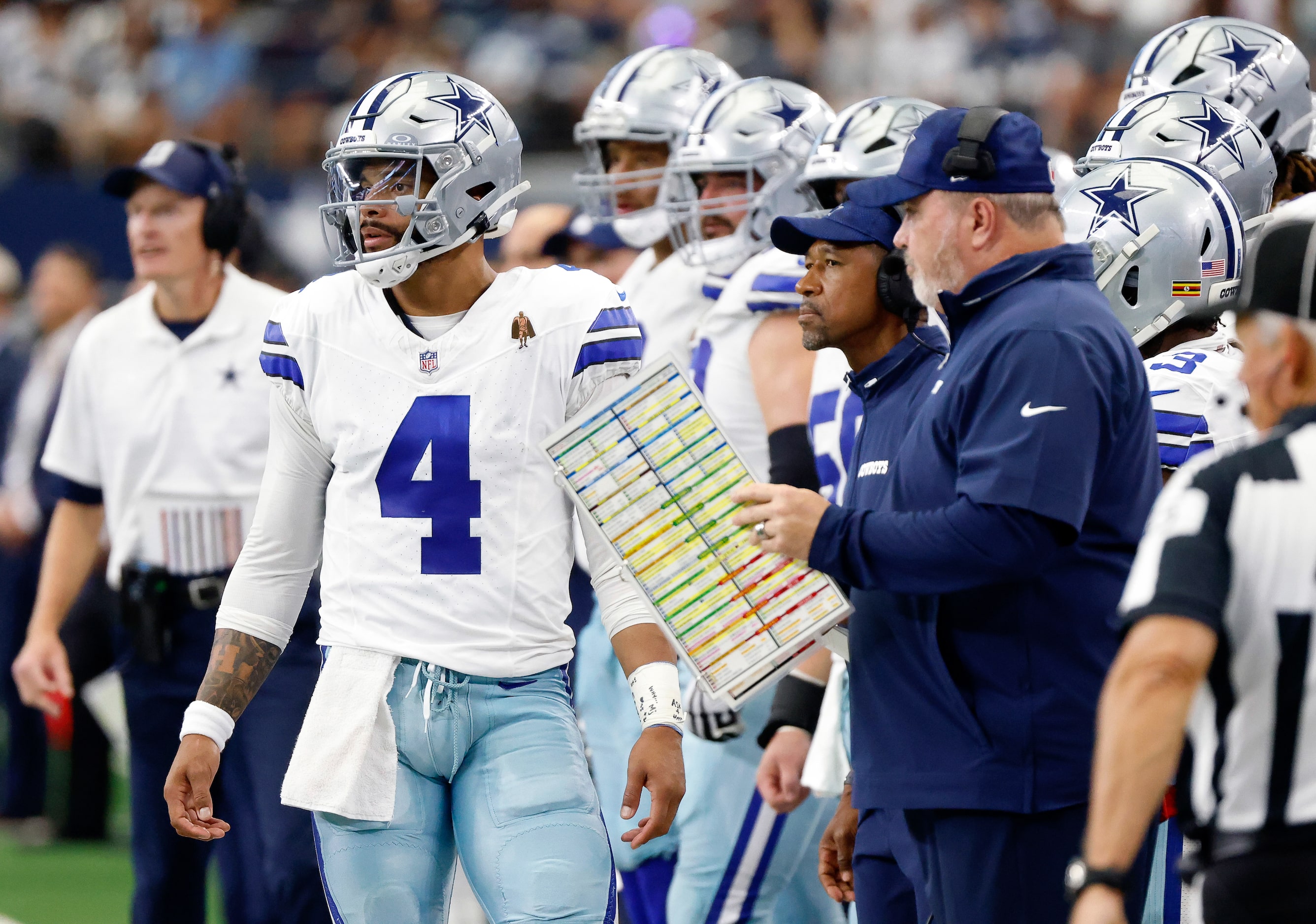 Dallas Cowboys quarterback Dak Prescott (4) waits to take the field following a New Orleans...