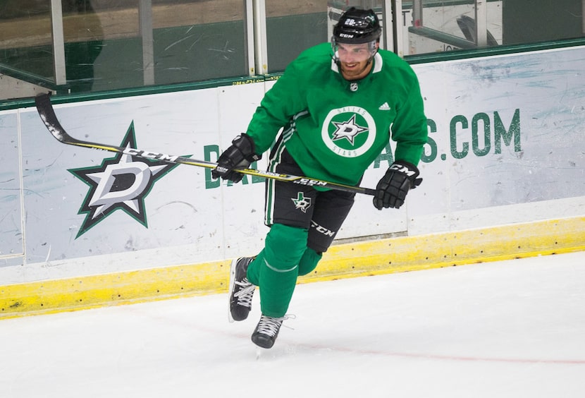 Stephen Johns participates in a drill during Dallas Stars prospect camp on Tuesday, June 25,...