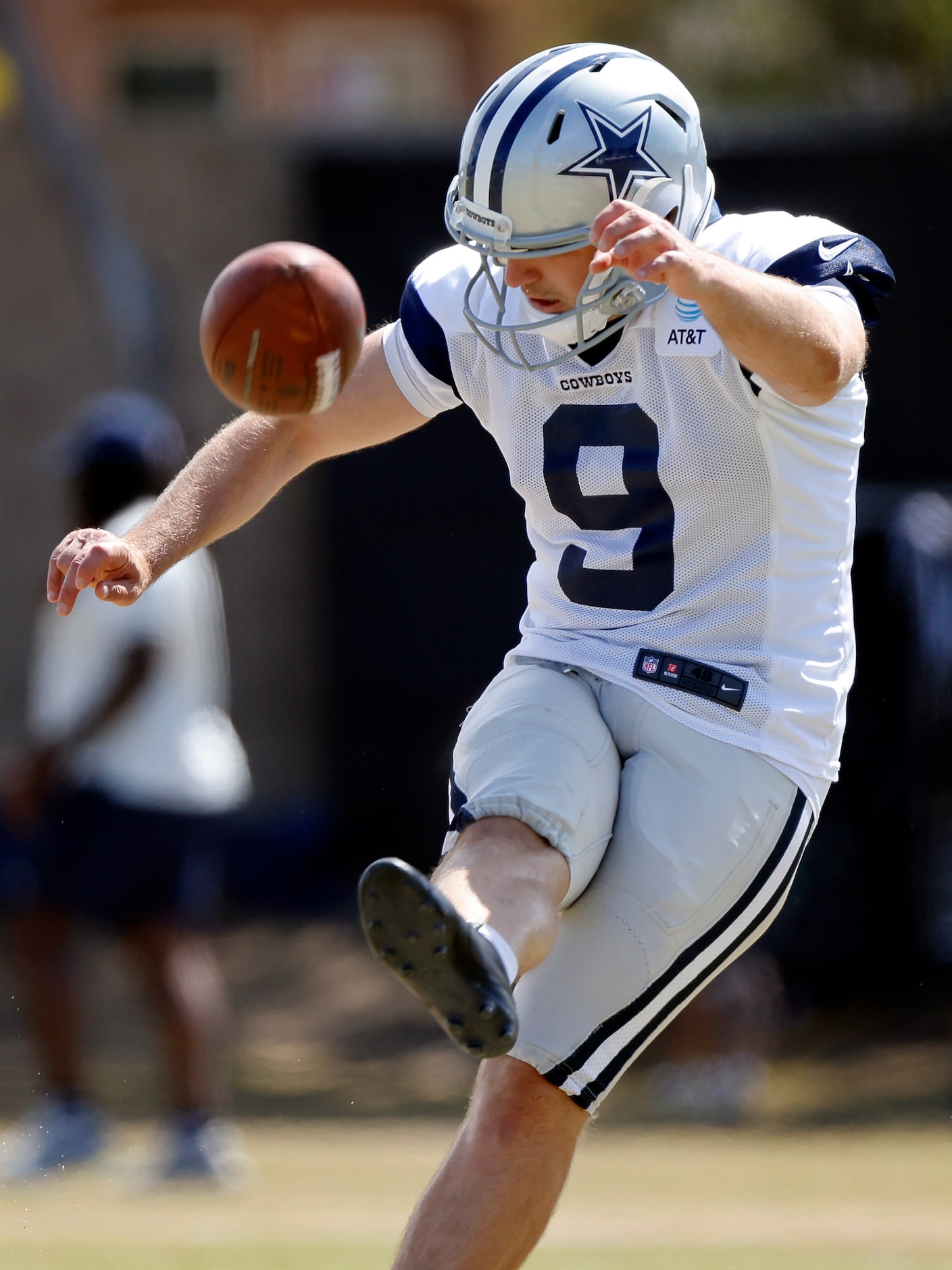 Dallas Cowboys kicker Lirim Hajrullahu (9) practices his field goals before training camp...