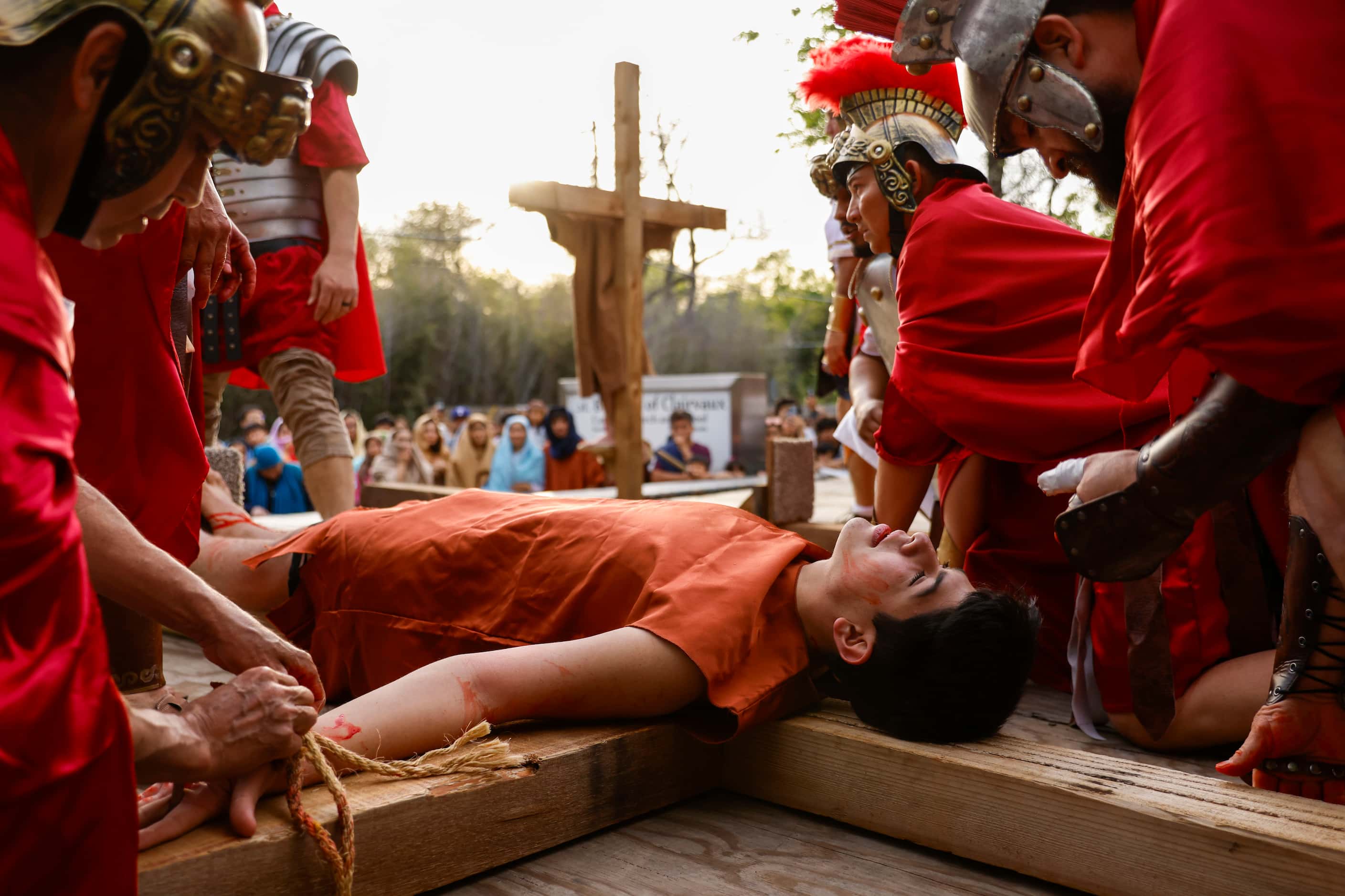 Actor playing as Dismas take part in the Living Stations of the Cross crucifixion reenact on...