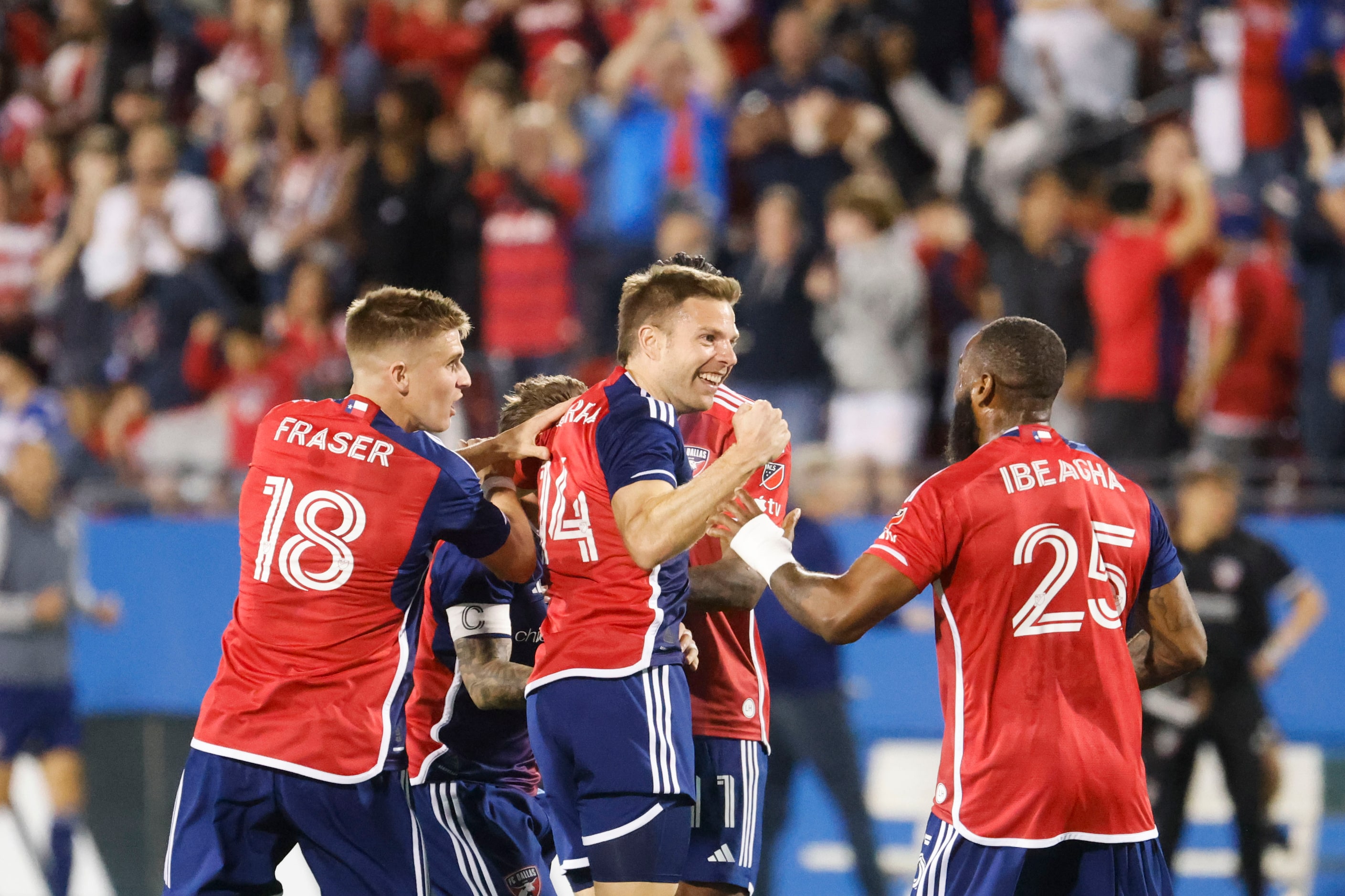 FC Dallas midfielder Asier Illarramendi (center) celebrates his goal with his teammates...