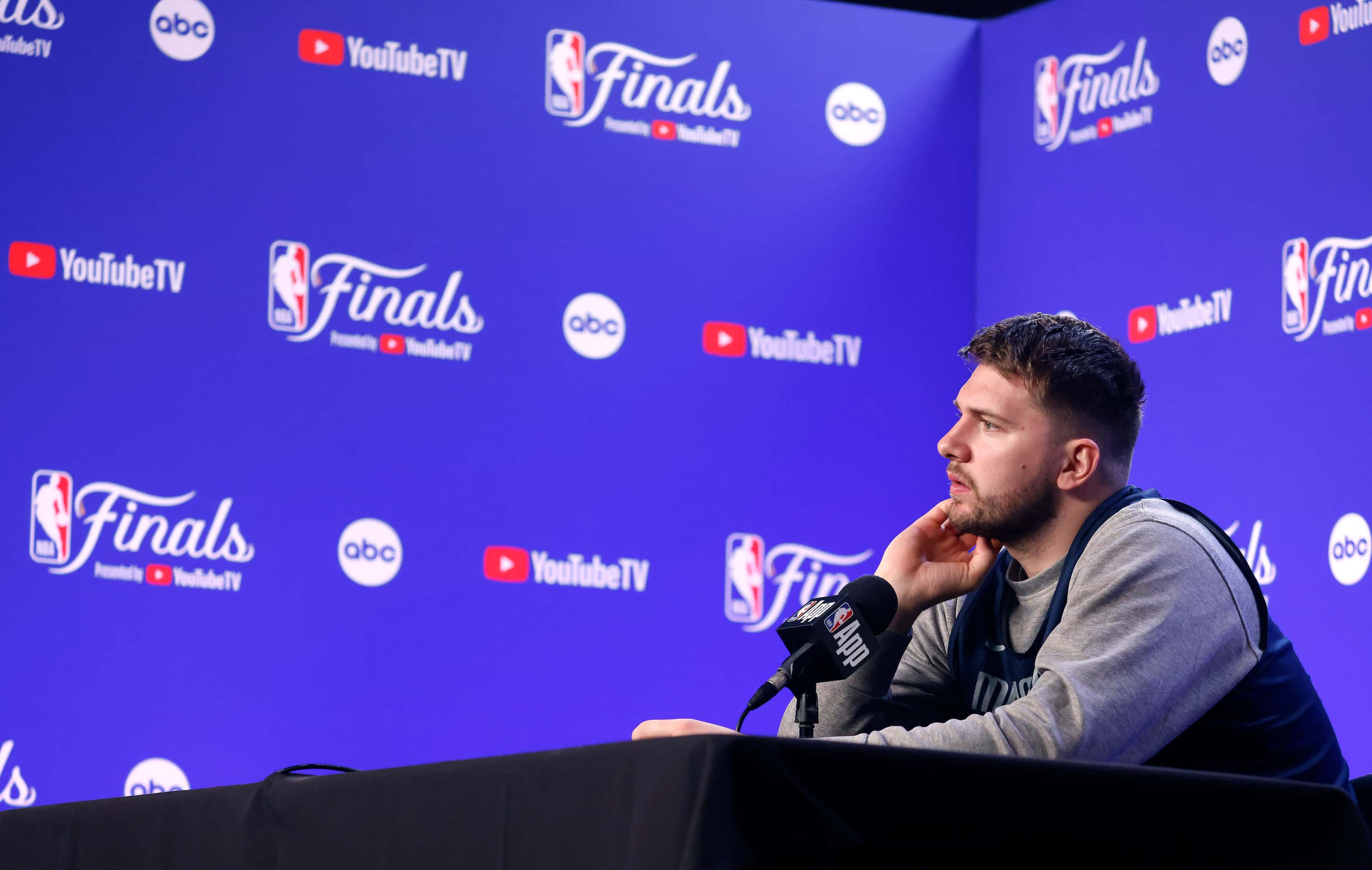 Dallas Mavericks player Luka Doncic listens to a question from the spanish media during a...
