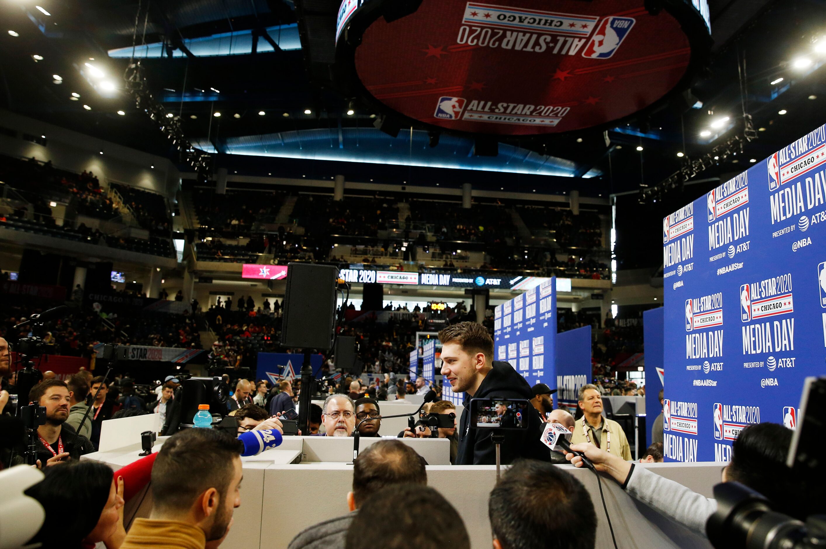 Team LeBron's Dallas Mavericks forward Luka Doncic (2) answers questions from the media...