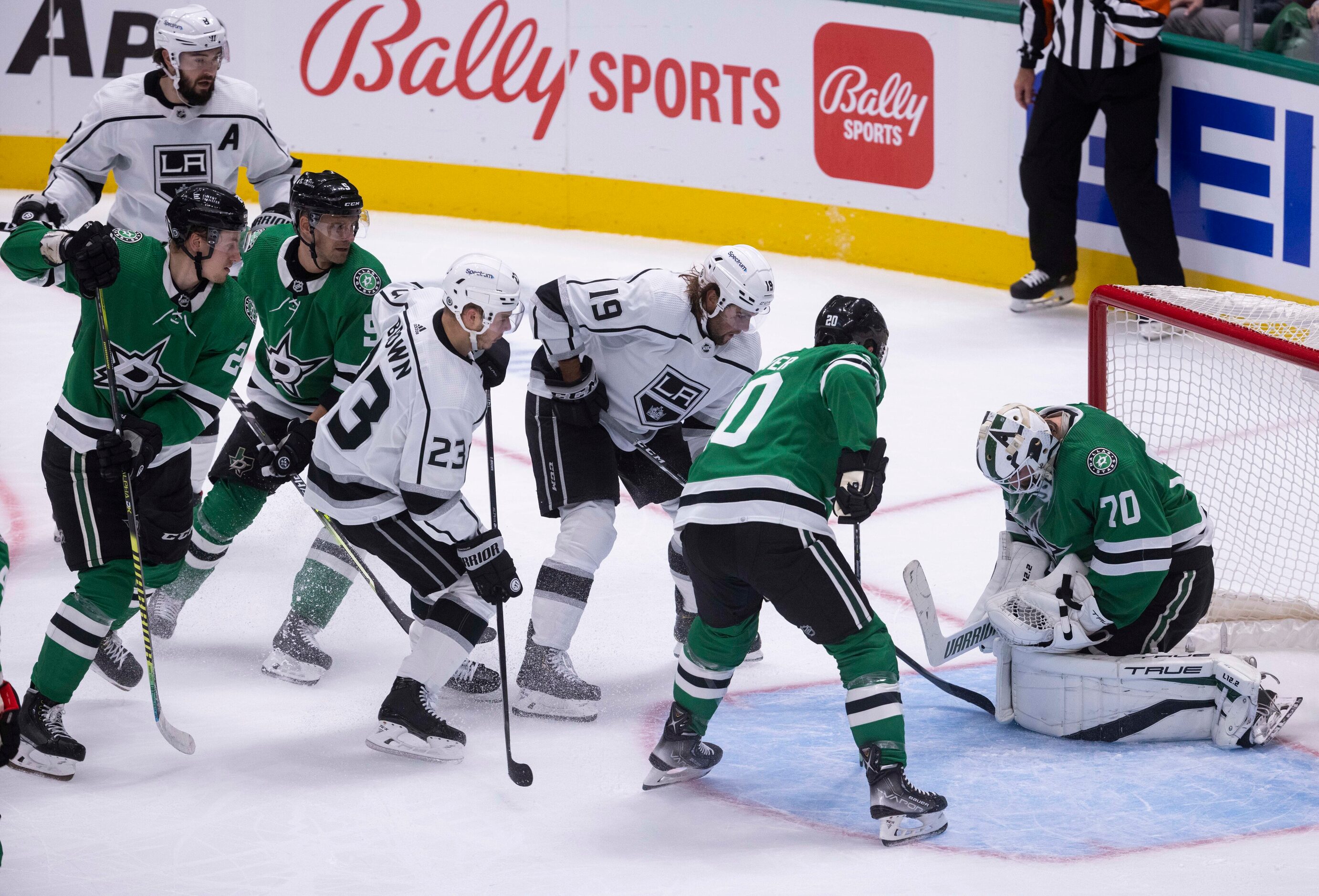 Dallas Stars goaltender Braden Holtby (70) blocks a shot during the first period of a Dallas...